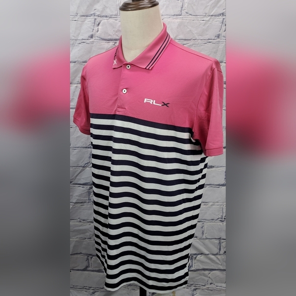 RLX Ralph Lauren Men's Golf Polo Shirt Logo Pink Navy Striped Large - Picture 4 of 14